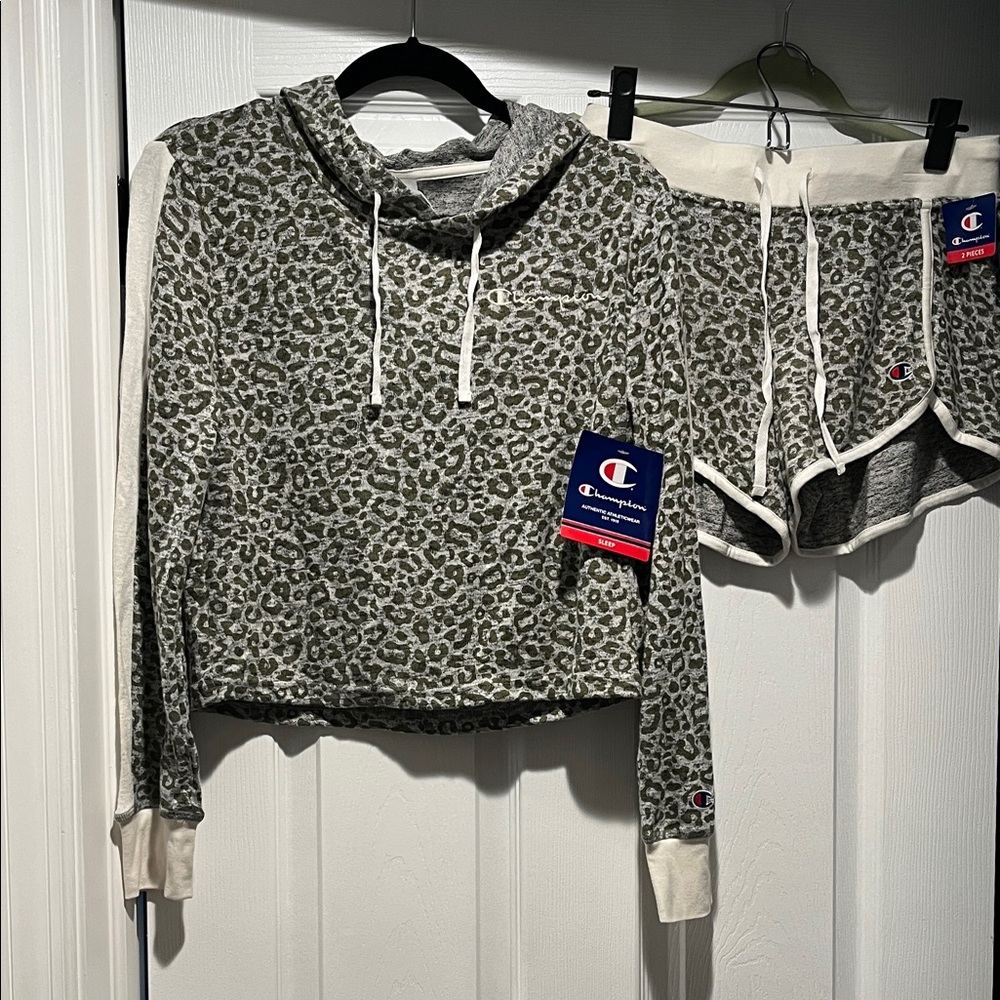 Champion Olive Leopard Cropped Hoodie & Shorts Set with White Trim